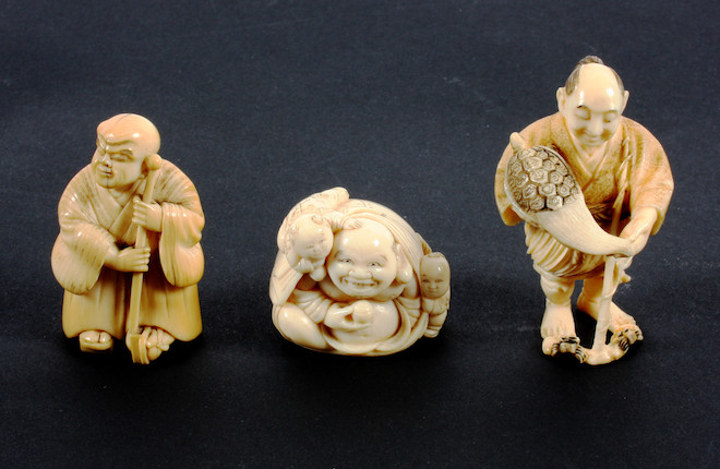 Bonhams : Three Japanese carved ivory netsukes Meiji period.