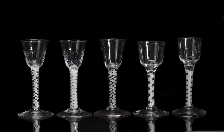 Bonhams A Pair Of Opaque Twist Wine Glasses And Three Other Opaque Twist Glasses 18th Century 6329