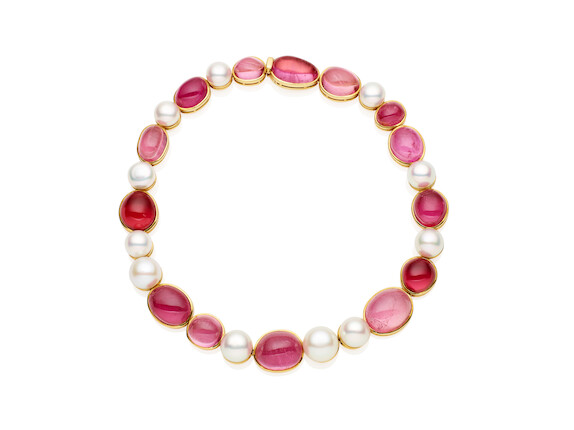 An 18 carat gold, tourmaline and cultured pearl necklace, by De