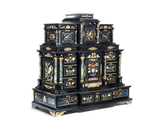 Bonhams : An Exceptional Augsburg 17th century silver-gilt mounted ebony  Table Cabinet with Florentine pietre dure plaques from the Grand Ducal  workshops by Elias Boscher, circa 1660