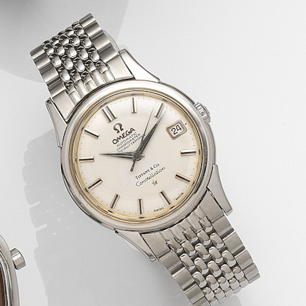 Bonhams : Omega. A stainless steel automatic calendar bracelet watch with  Tiffany dial, together with Tiffany guarantee papers Constellation, Case  No.14393 3 SC, Movement No.17214401, Sold 16th September 1961