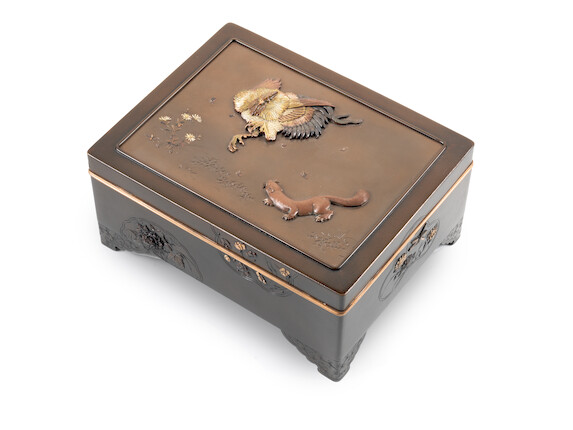 Bonhams : An inlaid bronze rectangular box and cover Meiji Period