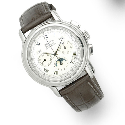 Bonhams : Zenith. A stainless steel automatic triple calendar chronograph  wristwatch with moon phase El Primero Chrono Master, Ref01.0240.410,  Movement No.20490, Circa 2000