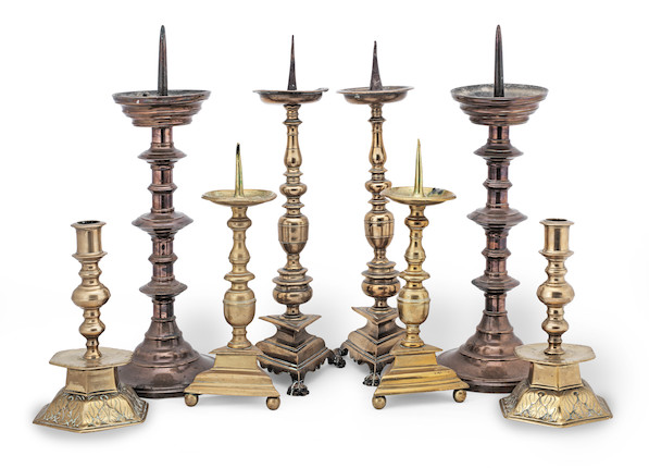 Bonhams : A pair of 17th century brass alloy pricket candlesticks, Italian  (8)