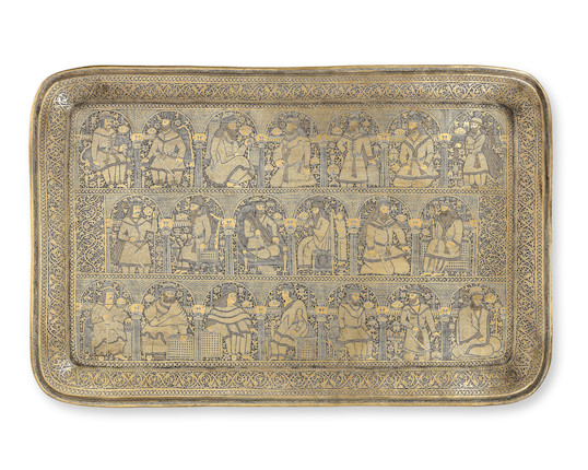 A large 19th century Persian Qajar engraved brass tray, …