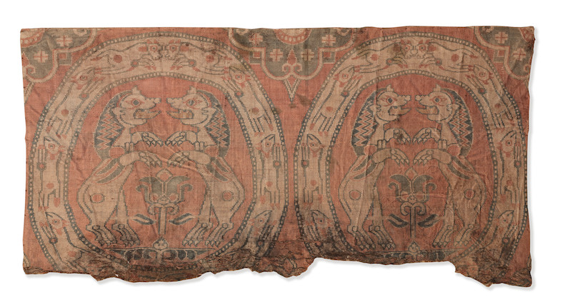 Bonhams : A Sogdian Silk Samite Fragment With Confronting Lions Central 