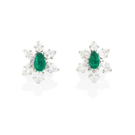 Bonhams : PAIR OF EMERALD AND DIAMOND EARRINGS, MID-2OTH CENTURY