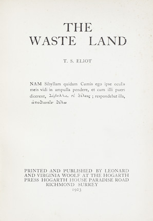 Bonhams : ELIOT (T.S.) The Waste Land, FIRST ENGLISH EDITION, Published ...