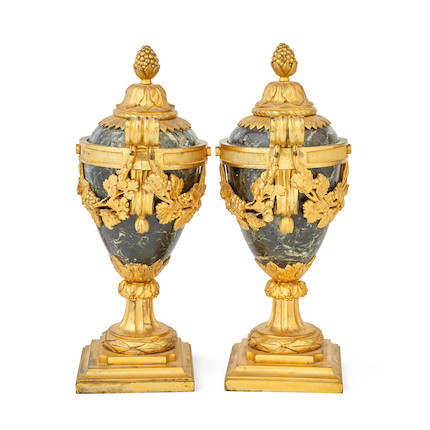 Bonhams : A pair of French ormolu mounted verde antico marble twin handled  garniture vases In the Louis XVI style, probably second quarter 19th century