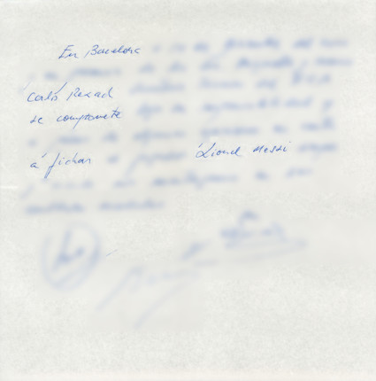 THE NAPKIN AGREEMENT THAT BROUGHT LIONEL MESSI TO BARCELONA. Manuscript document signed (Carles Rexach, Josep Minguella, and Horacio Gaggioli), in Spanish, on a standard Spanish napkin committing FC Barcelona to sign 13-year old Lionel Messi, image 1