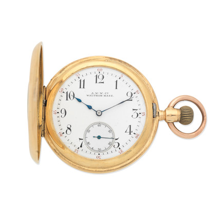 Bonhams : Waltham. An 18K gold keyless wind half hunter pocket watch ...