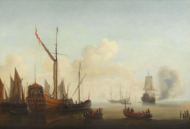 Bonhams : Justus Verwer (Amsterdam 1626-1689) Shipping at anchor in an ...