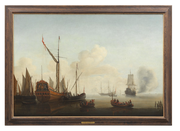 Bonhams : Justus Verwer (Amsterdam 1626-1689) Shipping at anchor in an ...