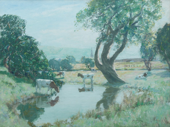 Bonhams : John Smellie (British, 1886-1925) Sunlit Meadows, Callander