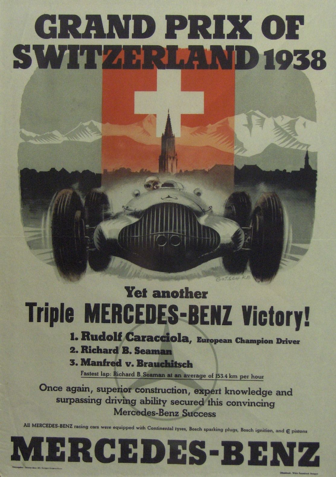 Bonhams Cars : A Mercedes-Benz 1938 Swiss Grand Prix victory poster,
