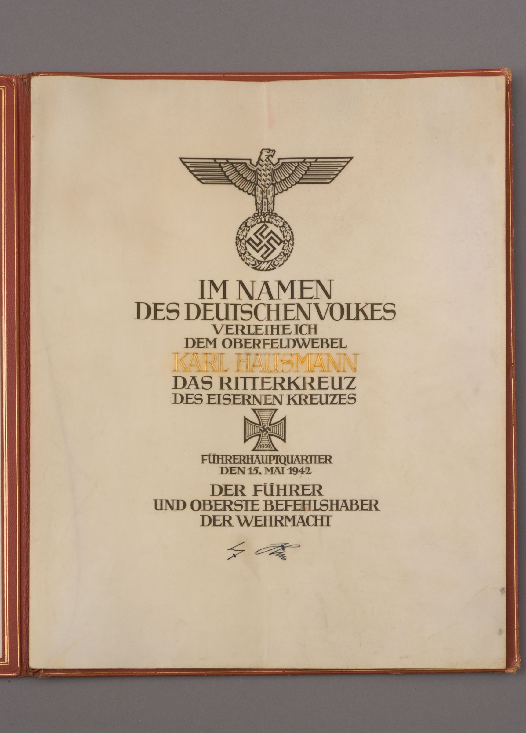 Bonhams : A Rare Formal Award Document Of A Knight's Cross to the