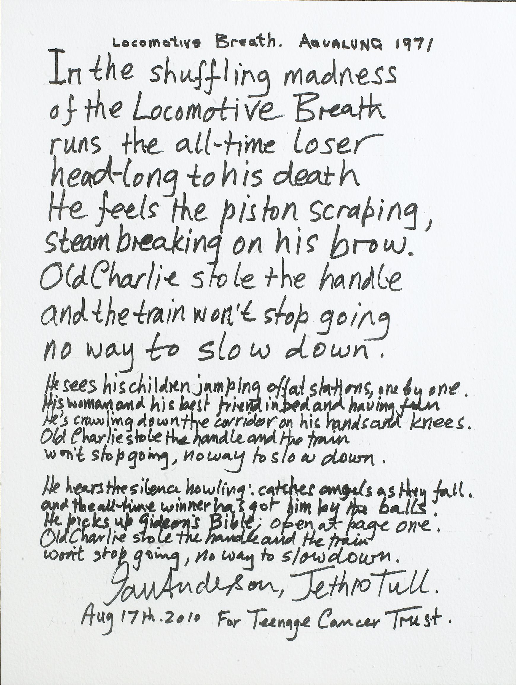 Bonhams : Ian Anderson - Jethro Tull: A set of handwritten lyrics for 'Locomotive  Breath', August 2010,