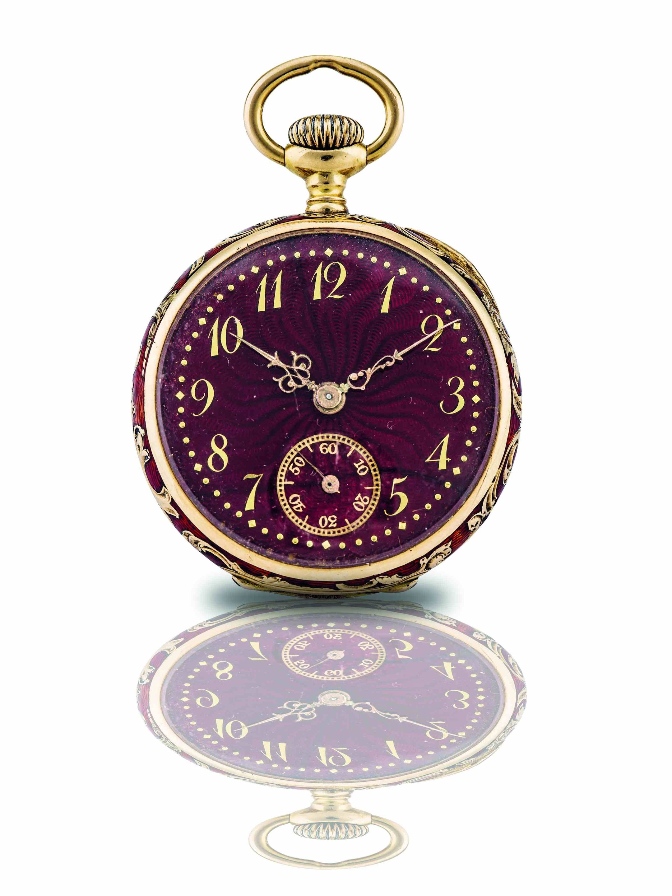 Bonhams A fine 14ct rose gold and enamel keyless wind fob watch