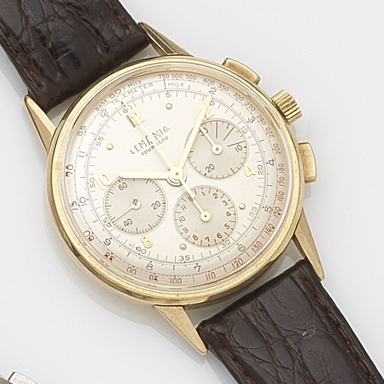 Bonhams : Lemania. An 18ct gold manual wind chronograph  