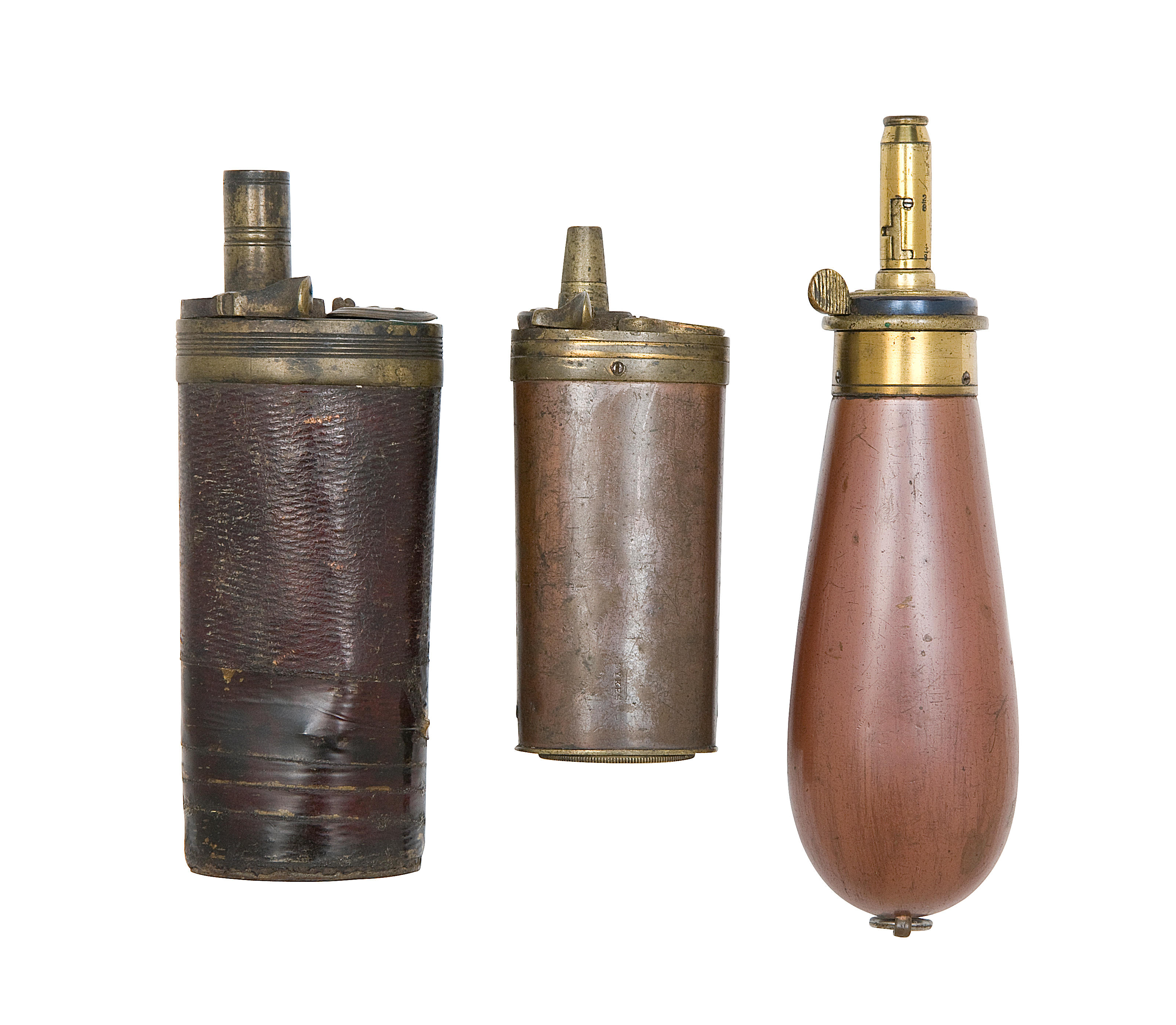 Bonhams A Leather Covered Two Way Powder Flask For Flintlock Pistols And Two Brass Mounted 1883