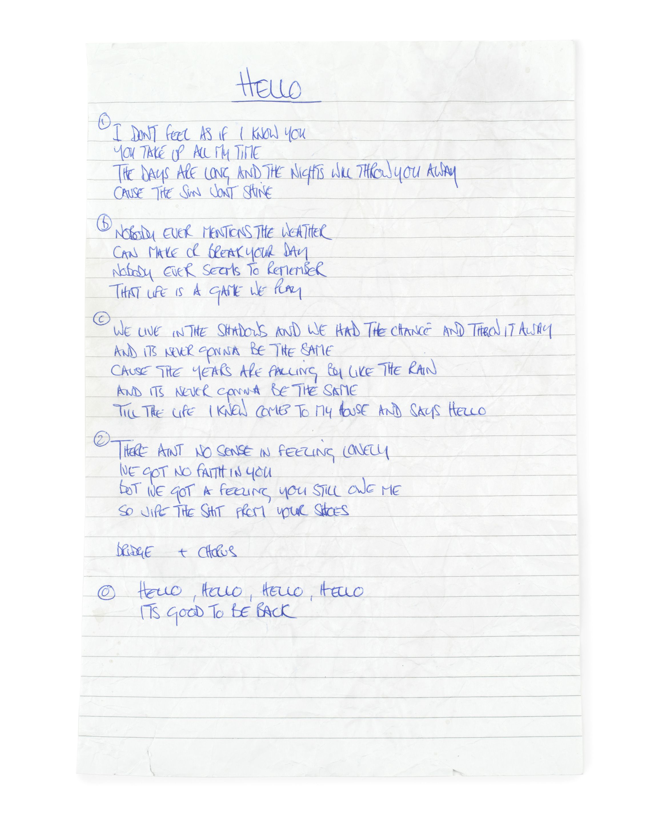 Bonhams Oasis: A set of handwritten lyrics by Noel Gallagher for