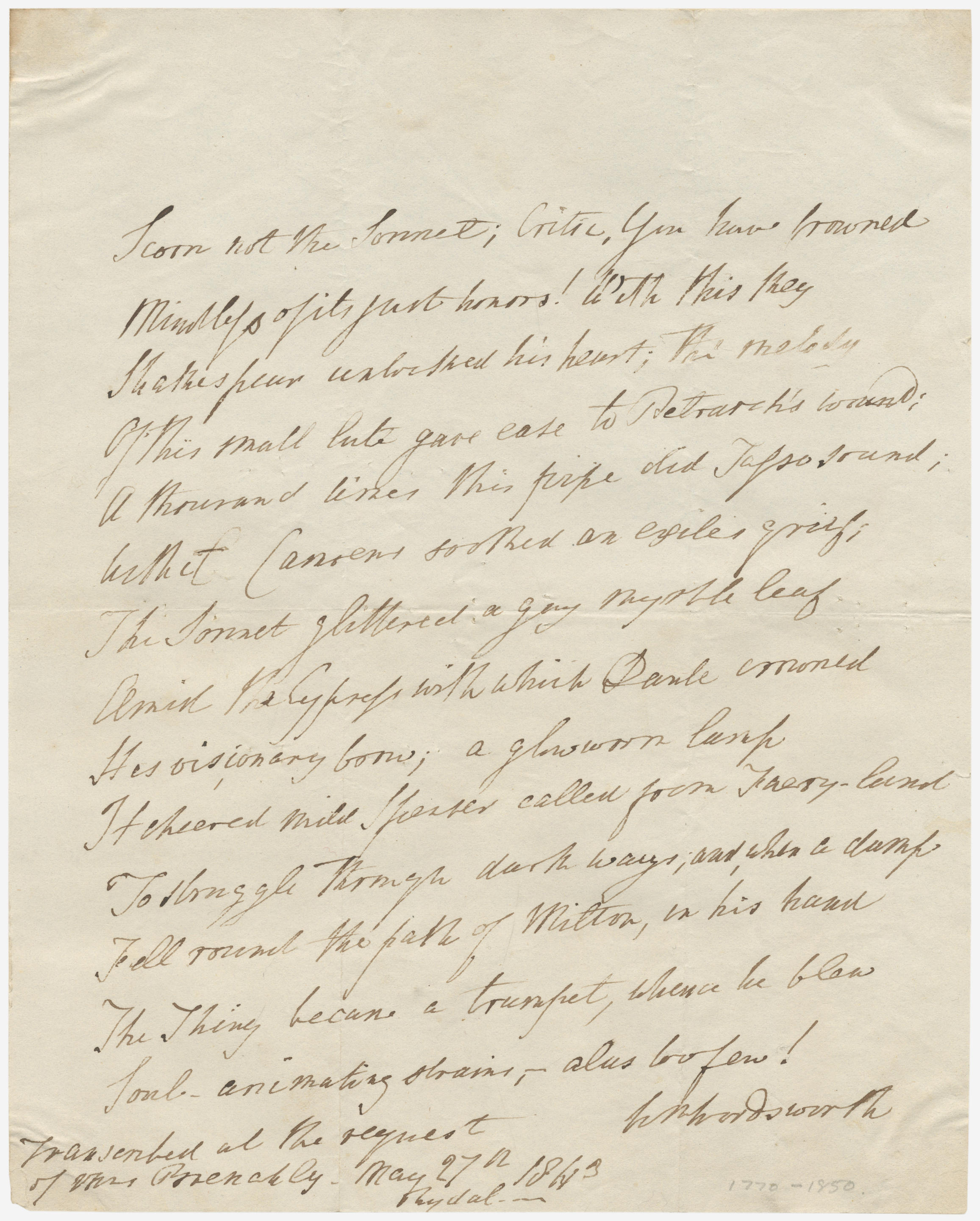 Bonhams : WORDSWORTH (WILLIAM) Autograph manuscript, signed