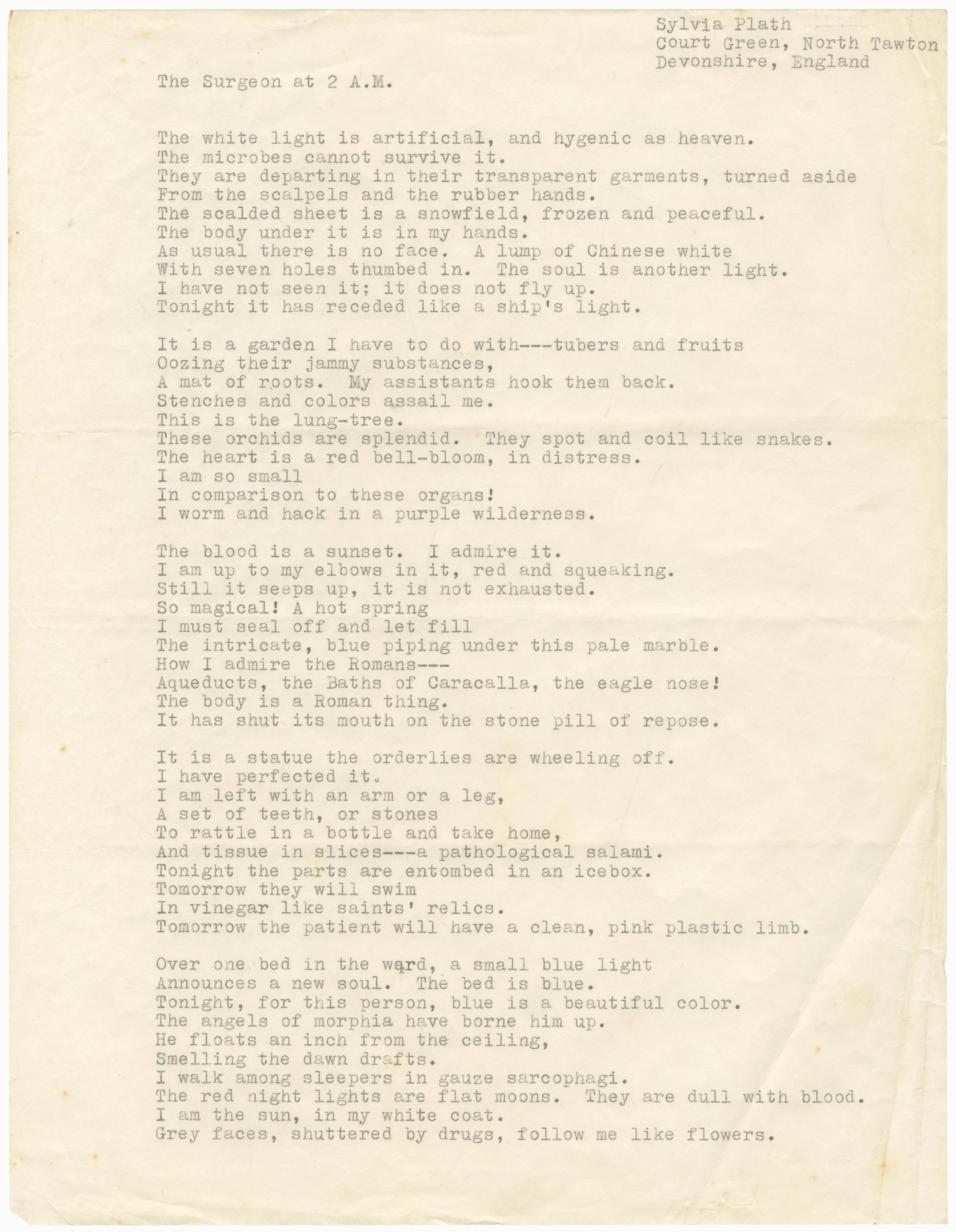 Bonhams : PLATH (SYLVIA) Typescripts of three poems, comprising 'The  Surgeon at 2 a.m.' (2 copies) and 'By Candlelight', 1962 (3)