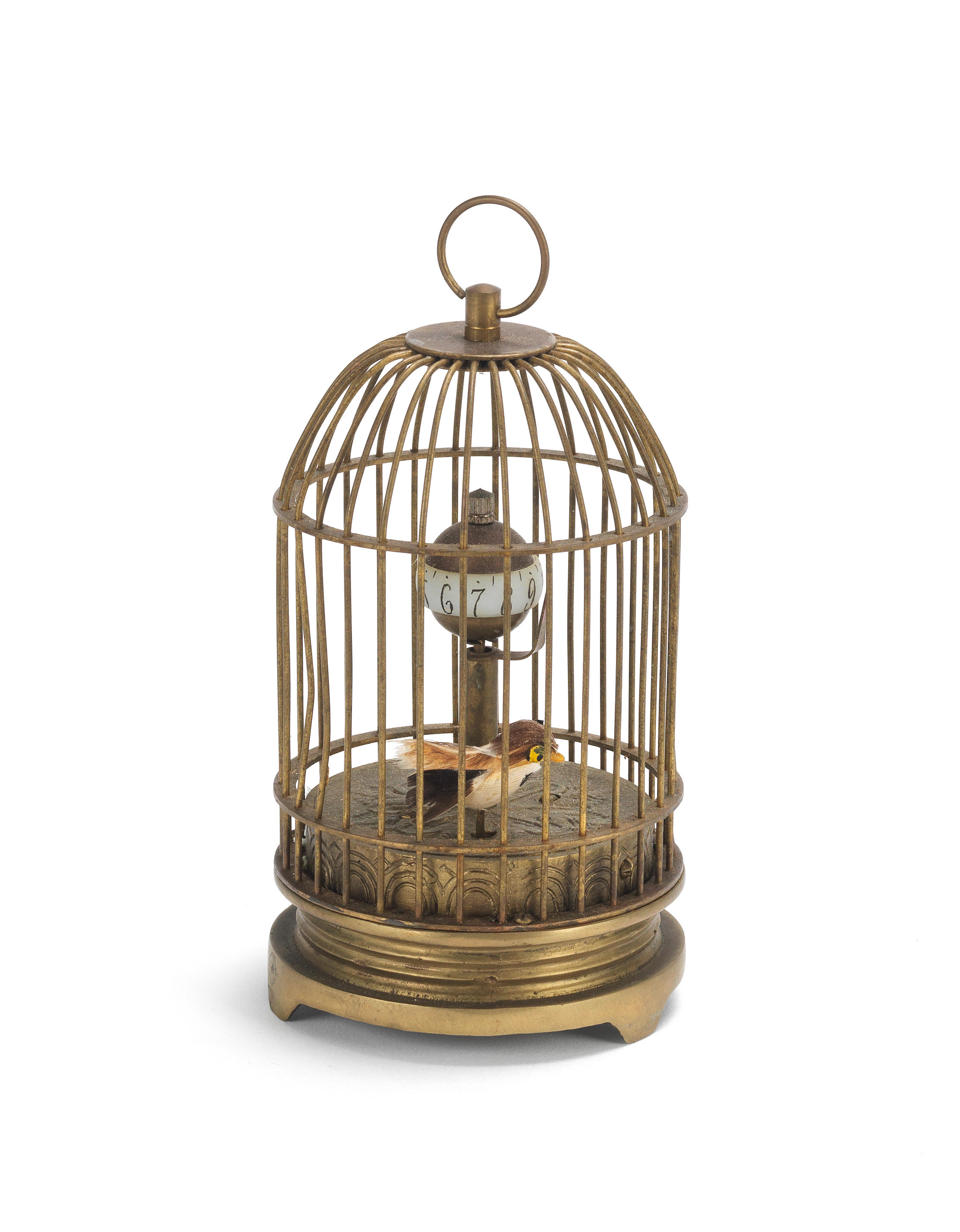 Bonhams : A small French early 20th century brass bird cage automaton clock