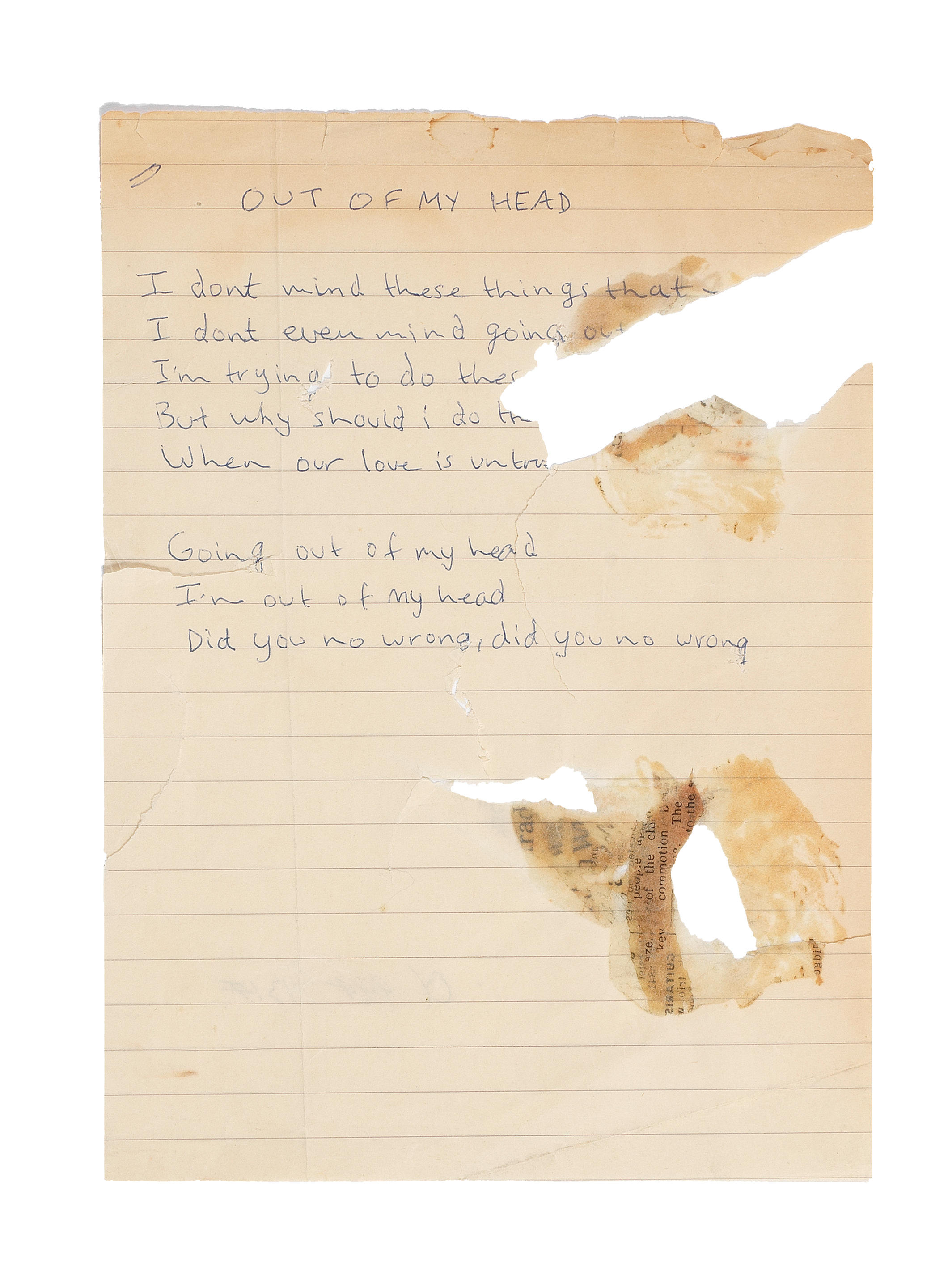 Bonhams : Sex Pistols Handwritten Lyrics By Johnny Rotten For Out Of My  Head/Did You No Wrong, 1975/1976,