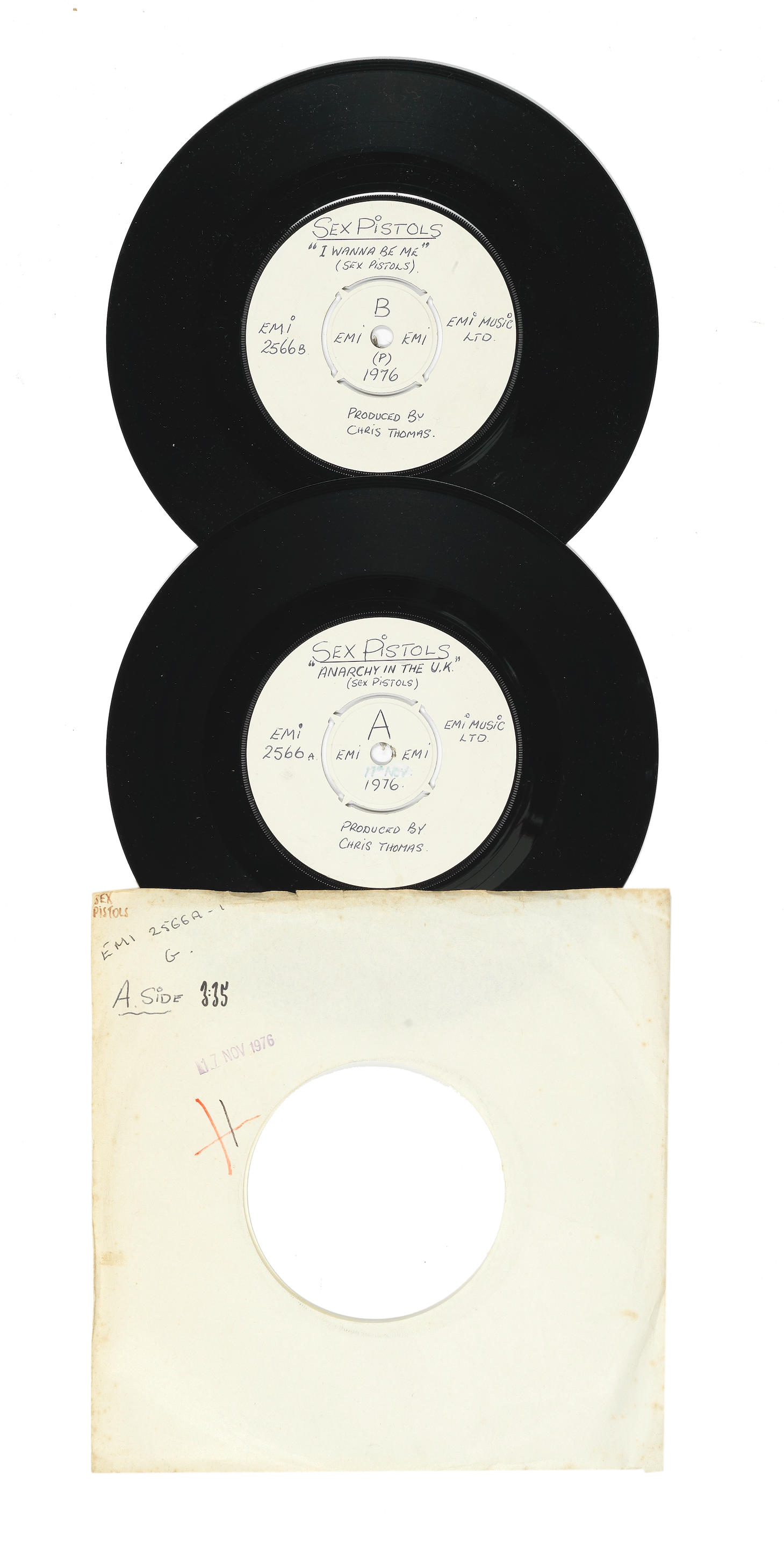 Bonhams : Sex Pistols Test Pressings Of The Single Anarchy In The UK/I  Wanna Be Me, 1976,