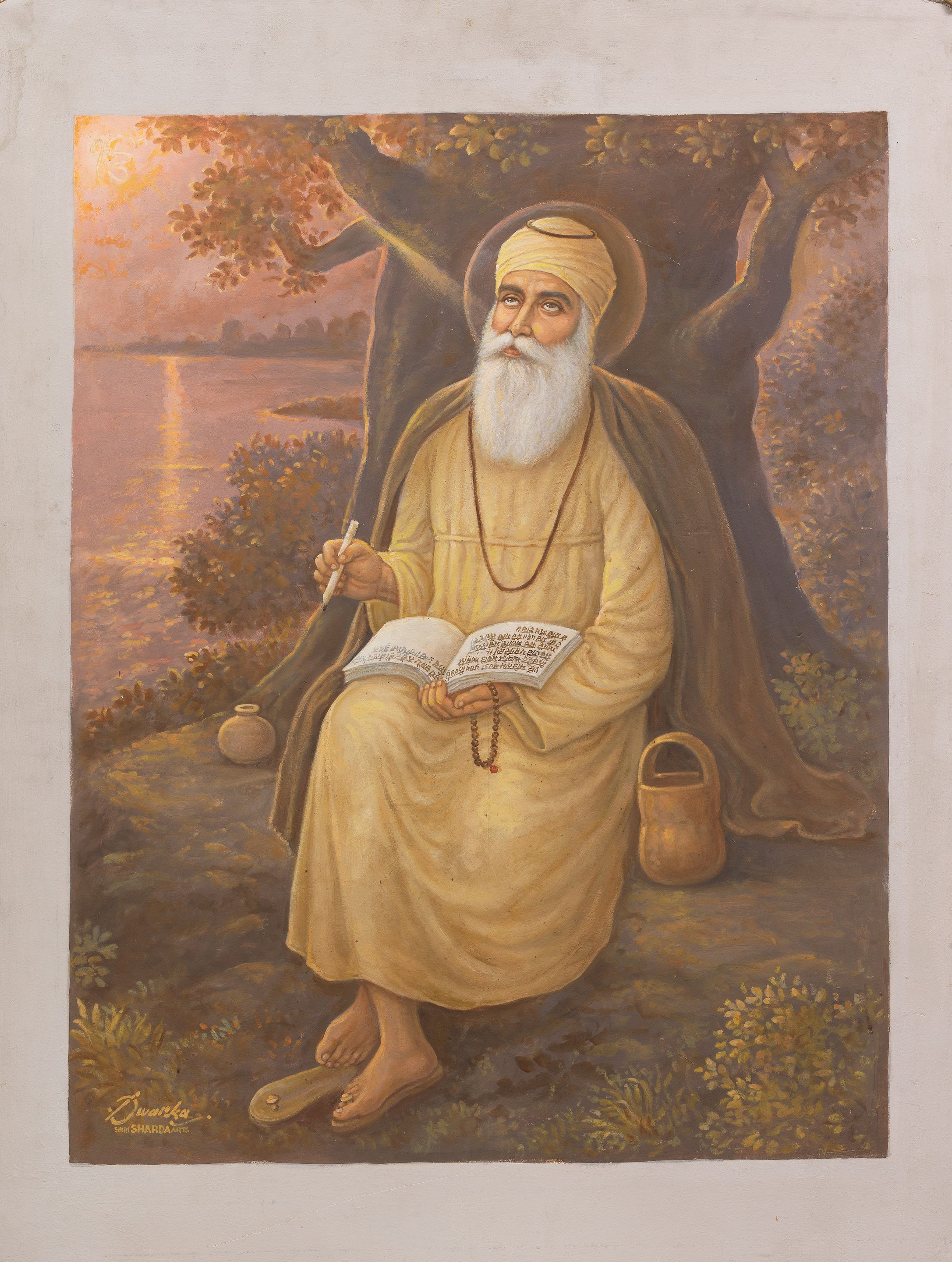 Bonhams : Guru Nanak seated with the scriptures by a lake or river Dwarka  Dass (India, second half of the 20th Century), image size:2173x2880
