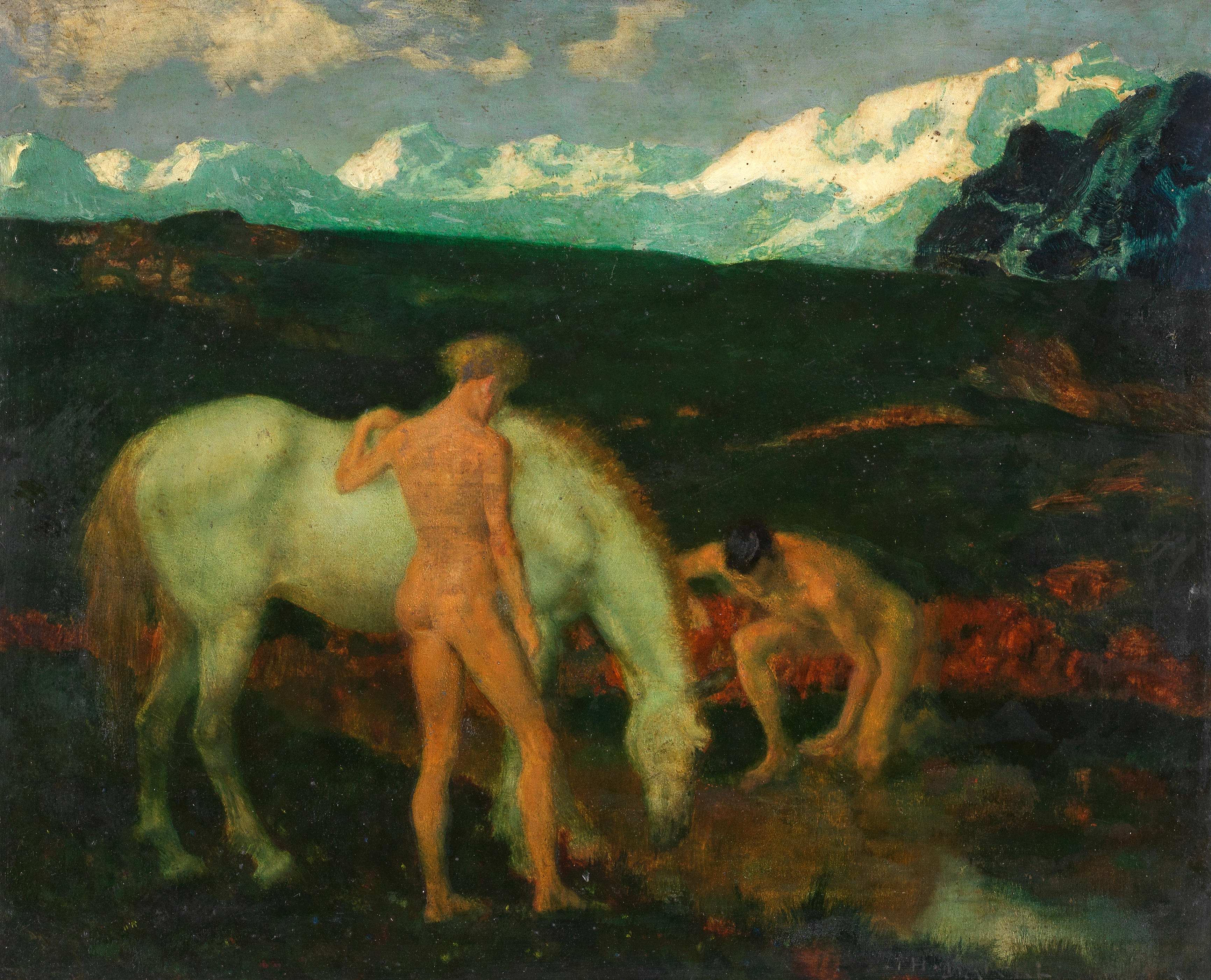 Bonhams : Theodor Baierl (German, 1881-1932) Horse and two nudes in a  mountain landscape