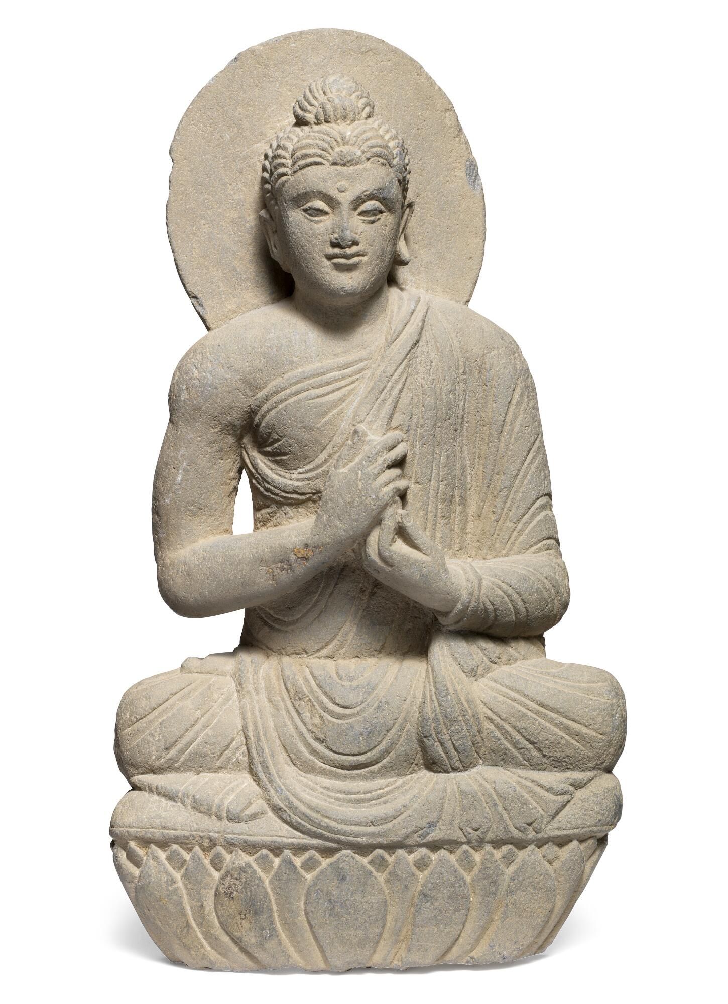 Bonhams : A Gandhara grey schist stone relief of The teaching Buddha ...