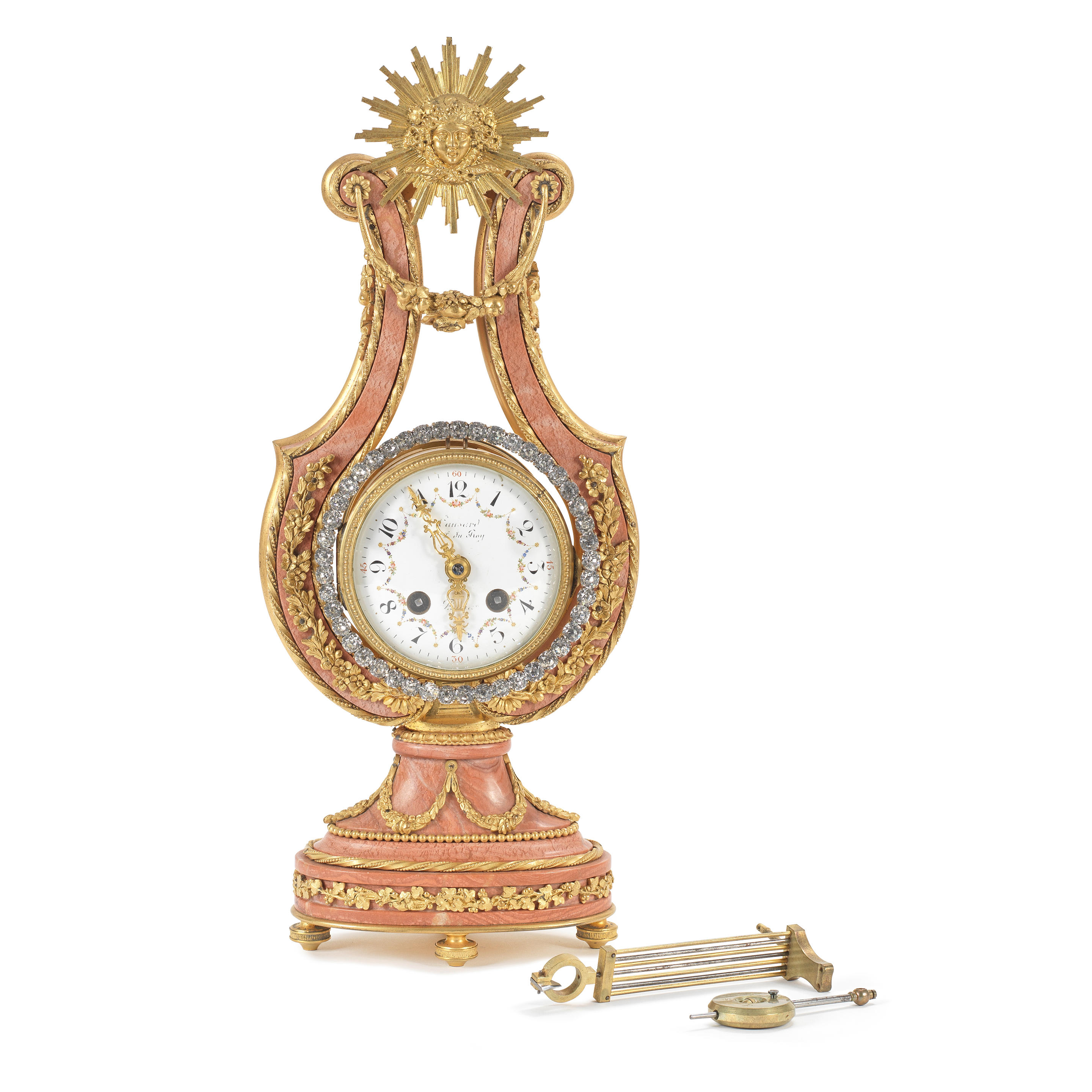 Bonhams An Early 20th Century French Gilt Bronze Mounted Pink Marble Lyre Mantel Timepiece In 