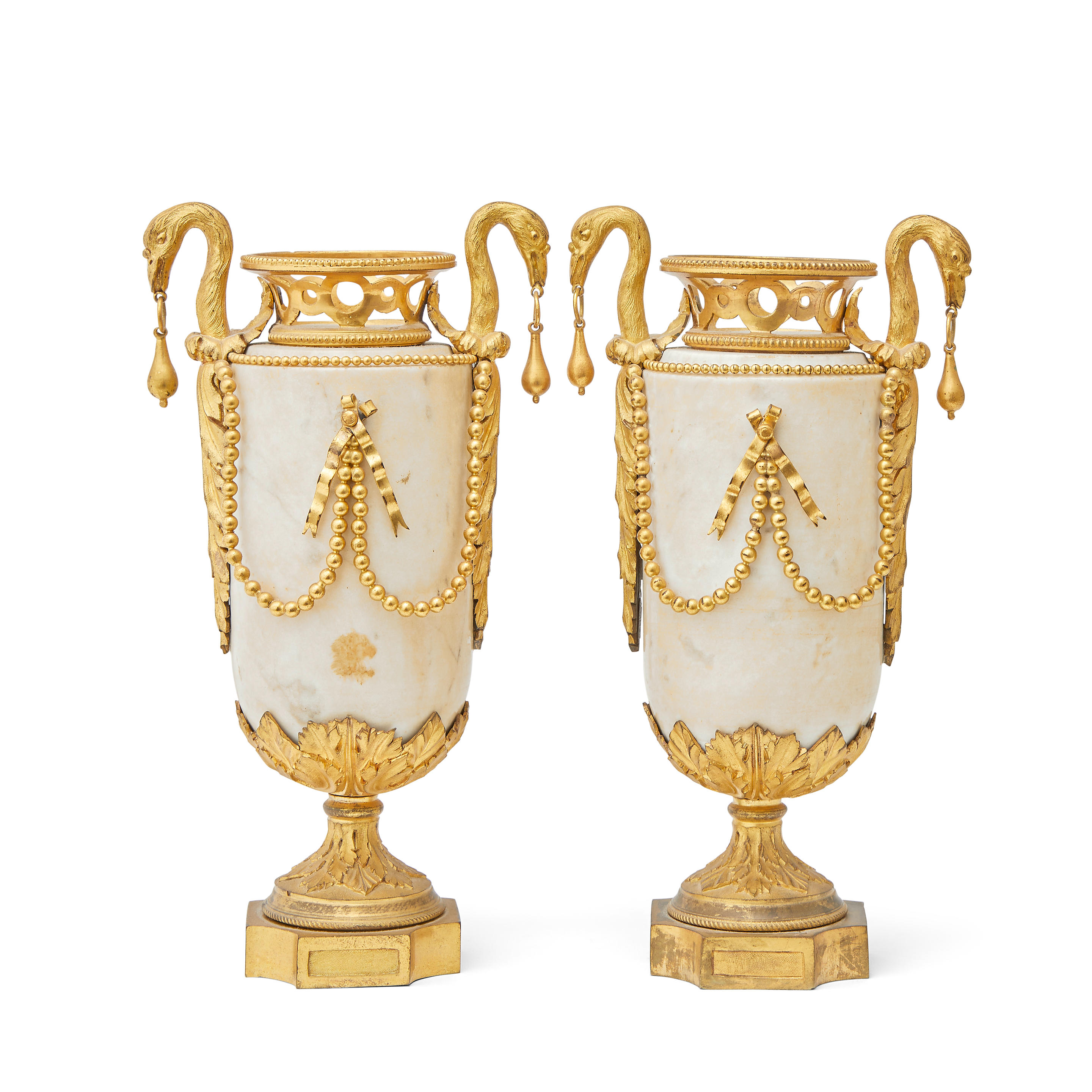 Bonhams : A pair of French ormolu mounted verde antico marble twin handled  garniture vases In the Louis XVI style, probably second quarter 19th century