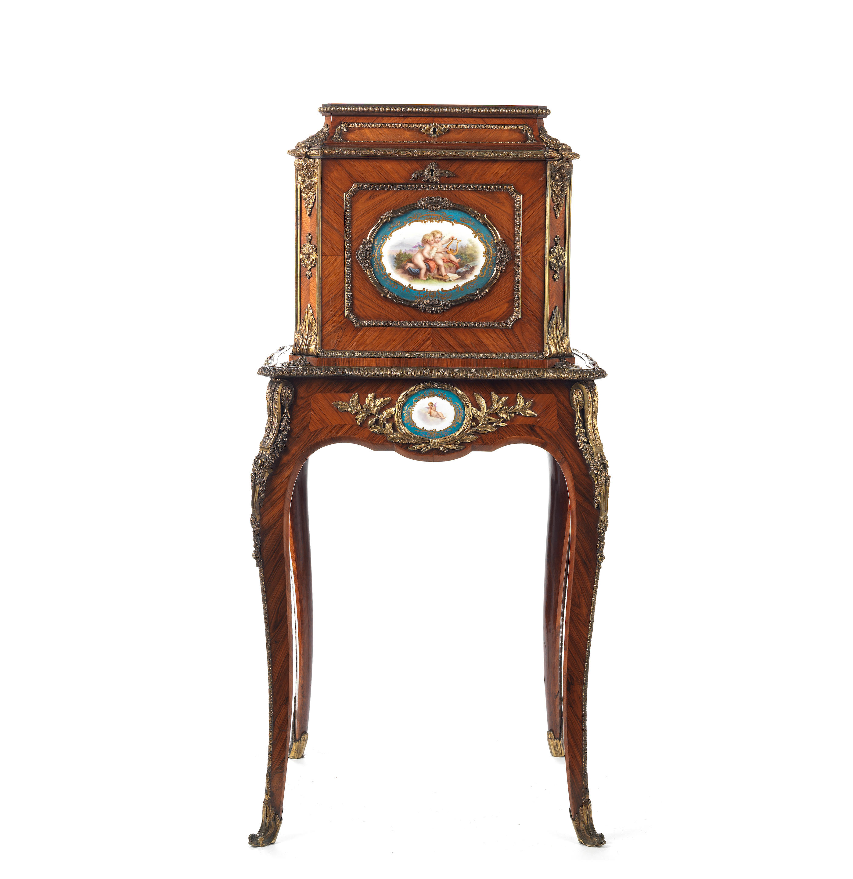 Bonhams : An early Victorian porcelain and ormolu mounted rosewood and  tulipwood jewellery coffer on stand or coffre a bijoux attributed to Johann  Martin Levien (1811-1871) Circa 1845, an identical model forms