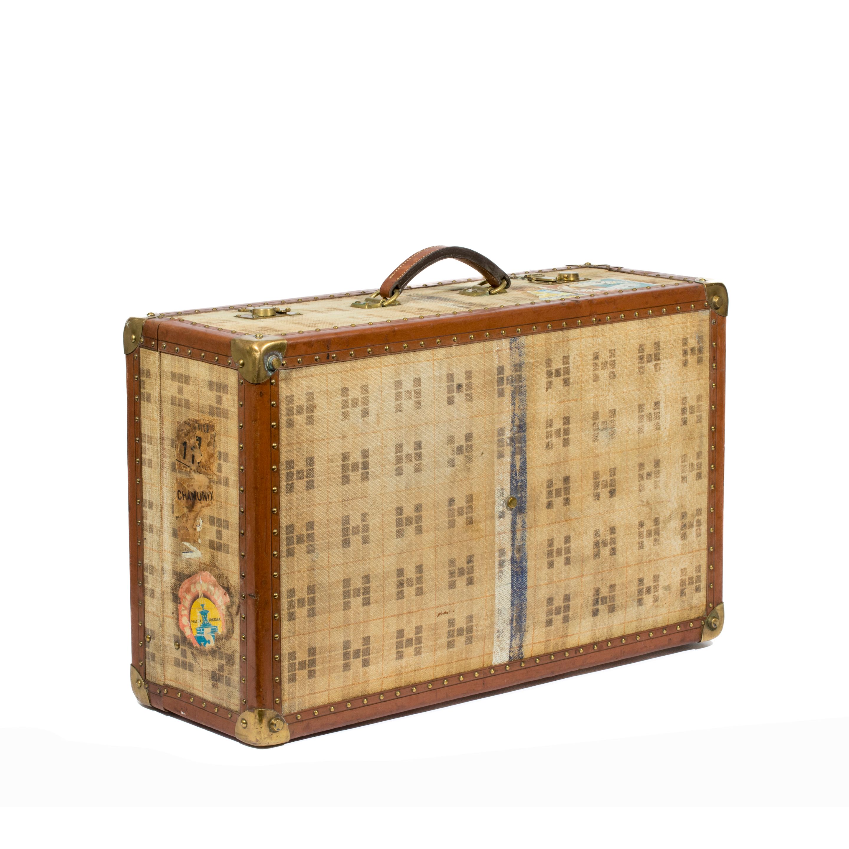 Valise Vintage Hermès Paris - Toile Et Cuir, Laiton Doré - Rare