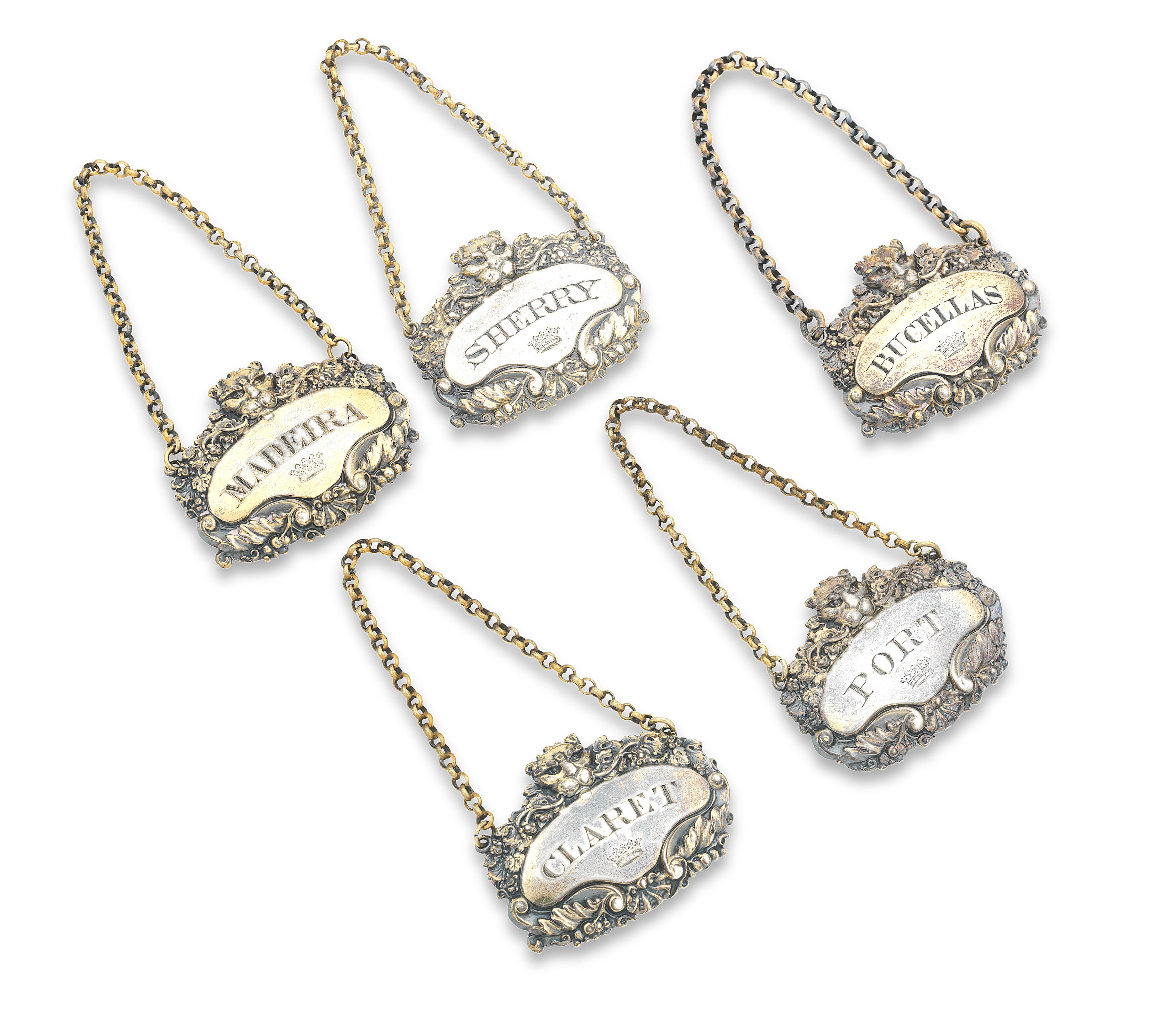 Bonhams : A set of Five George III Silver Decanter Labels By Solomon ...