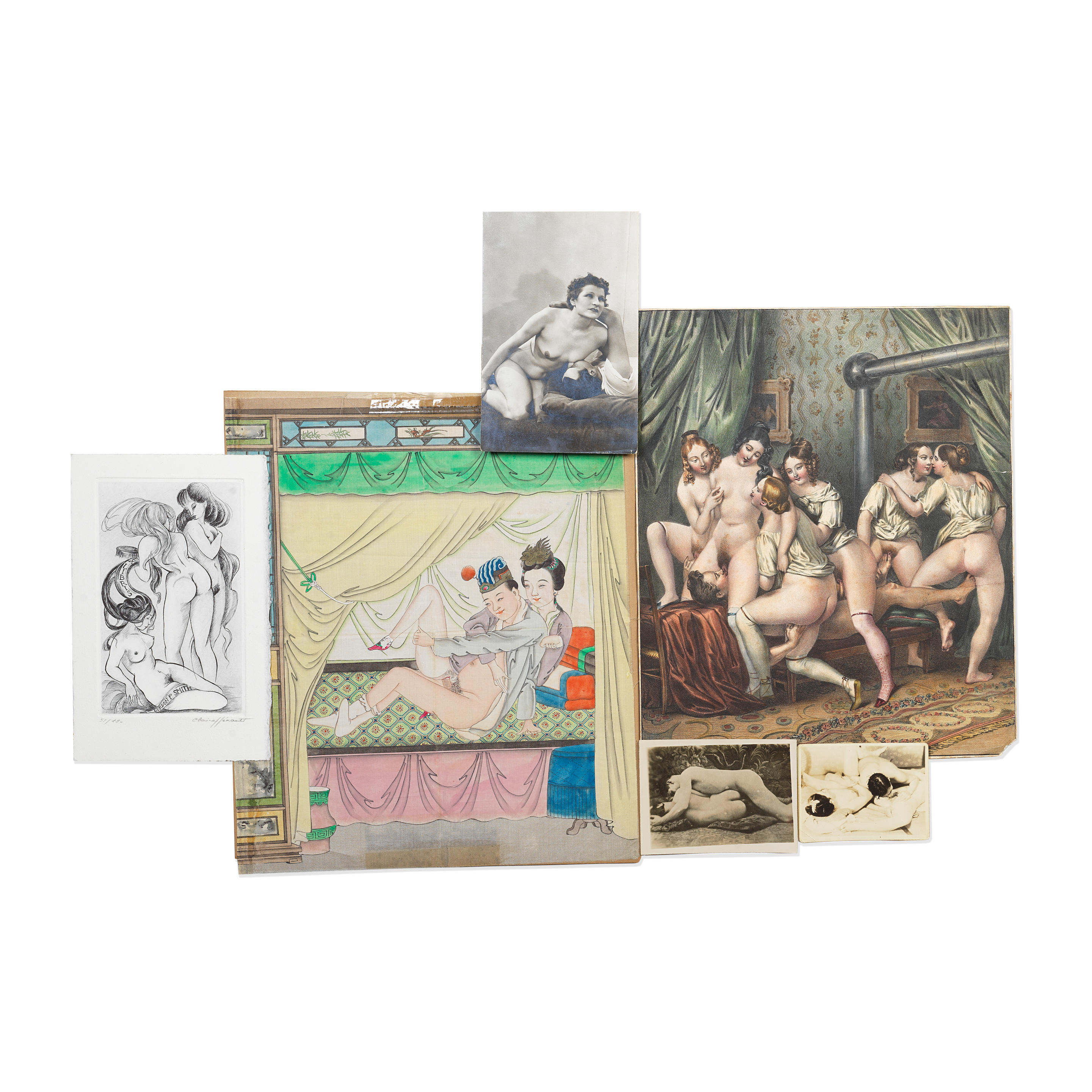 Bonhams : EROTICA A small quantity of miscellaneous original artworks,  etched bookplates, prints and photographs, late twentieth-century; and  approximately 25 photographs (of which 10 small early twentieth-century),  and 40 nineteenth-century erotic prints,