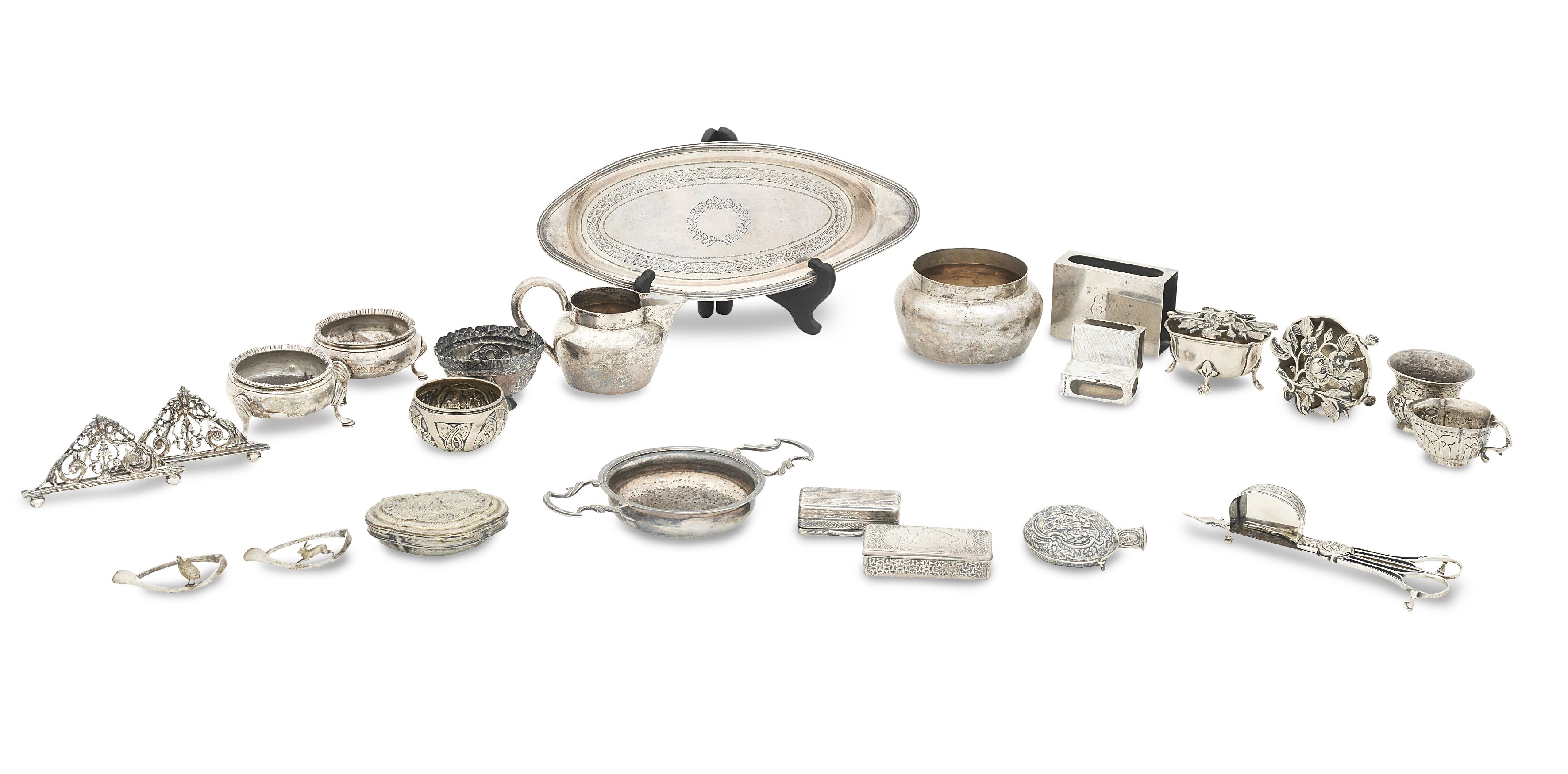 Bonhams A matched Pair of III silver candle snuffers and stand