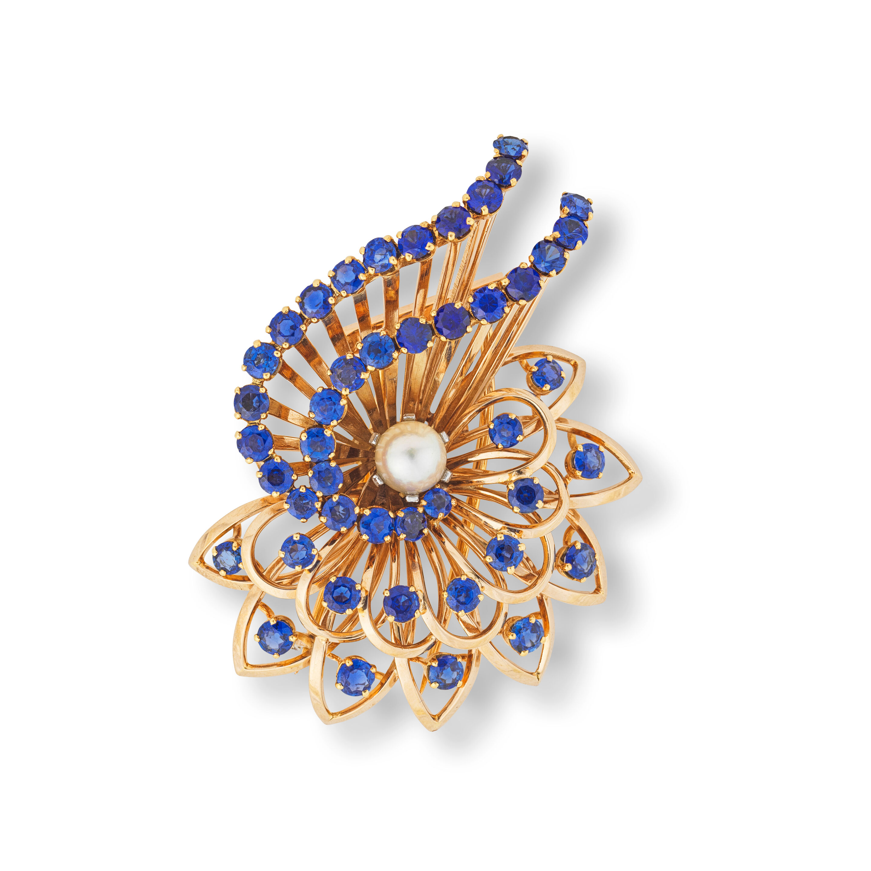 Broche Saphirs Et Perles En Or 12kt - Bijou Italien Antique, Neuf Sans Emballage