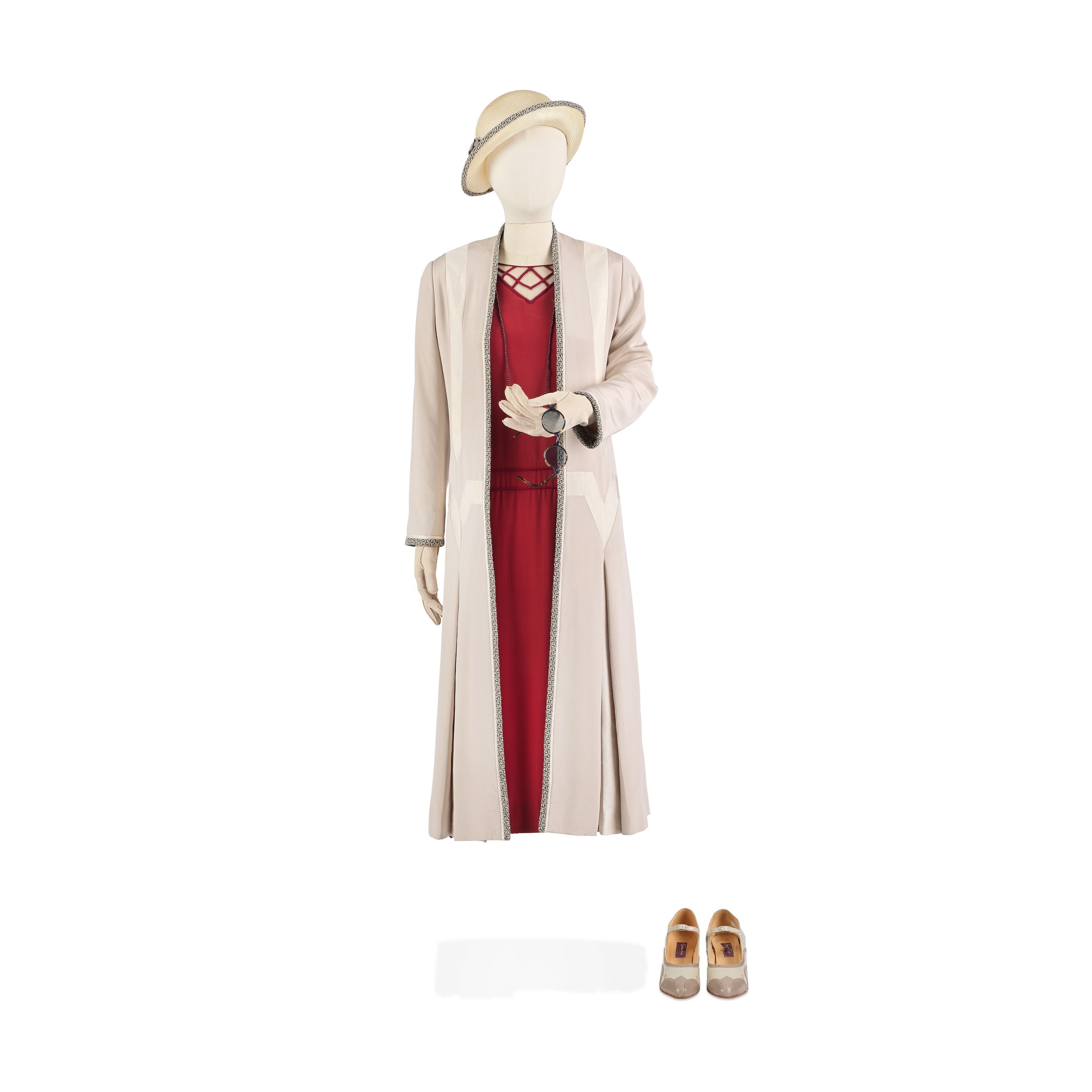 Bonhams : Michelle Dockery (as Lady Mary): Cream coat and red dress, from  'Brooklands' Season 6, Episode 7 7