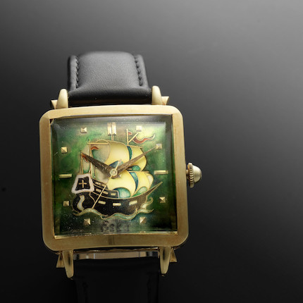 Eska. A rare 18ct gold automatic square wristwatch with centre s